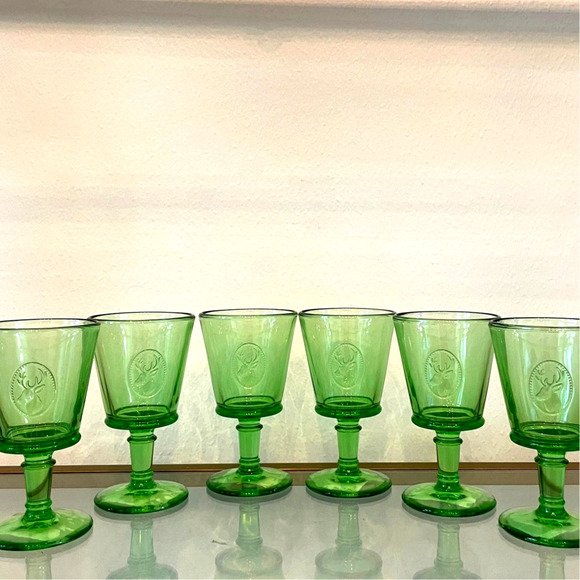 LA ROCHERE Alpine Deer Stag Head Embossed Goblet Wine Glass Set of 6 Green NEW - Picture 8 of 15